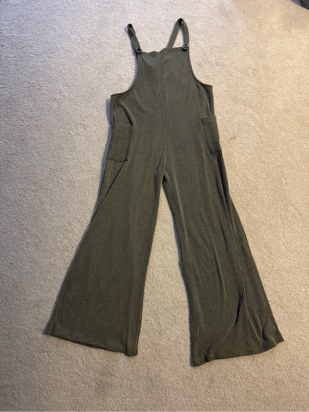 7th Ray Olive Green Ribbed Wide-Leg Overalls Jumpsuit